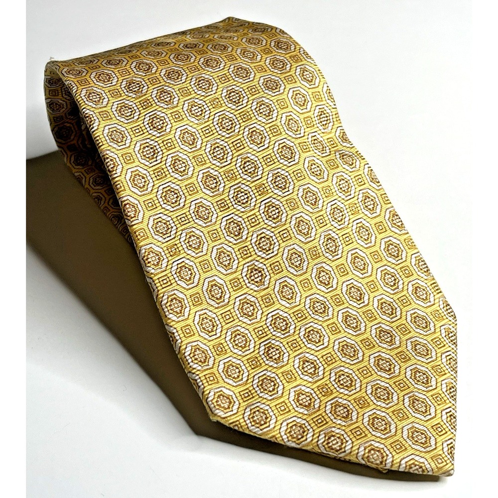 Burberry of London Yellow Brown Geometric Mens 100% Silk Neck Tie Italy 56" x 4"